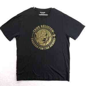 True Religion T Shirt Mens Sz Extra Large Black G old Foil Graphic Short Sleeve